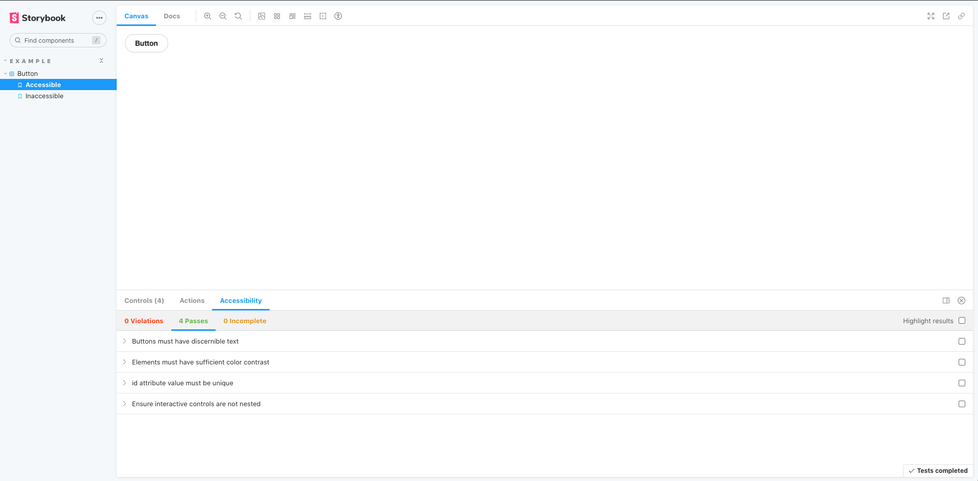 Storybook accessibility addon running