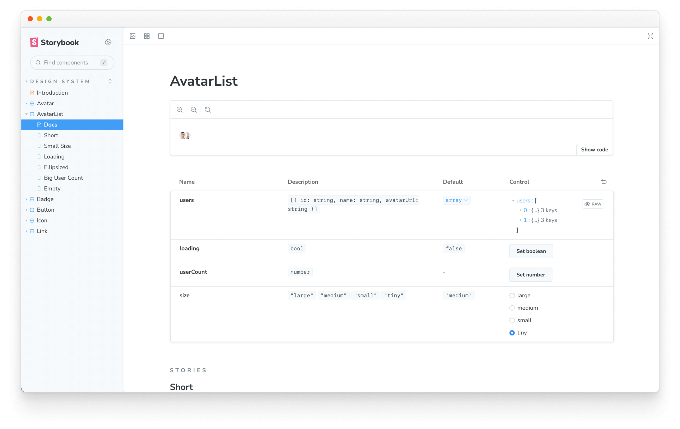 Storybook docs with minimal AvatarList info